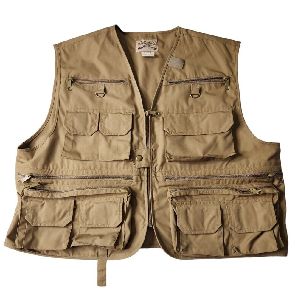 Cabelas Vintage Fishing Hunting Utility Vest Jacket Tan Mens Large L